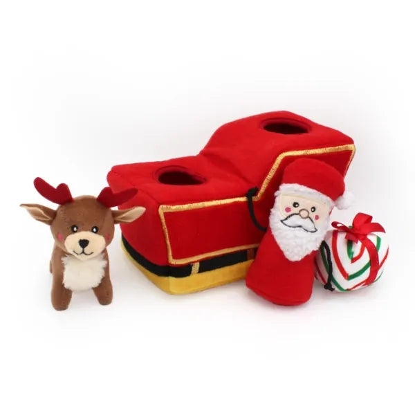 Zippy Paws Holiday Burrow Dog Toy - Santa's Sleigh + 3 Squeaker Toys